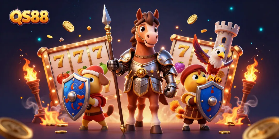 Experience excitement with QS88 as a knight, puppy, and falcon engage in thrilling casino action.