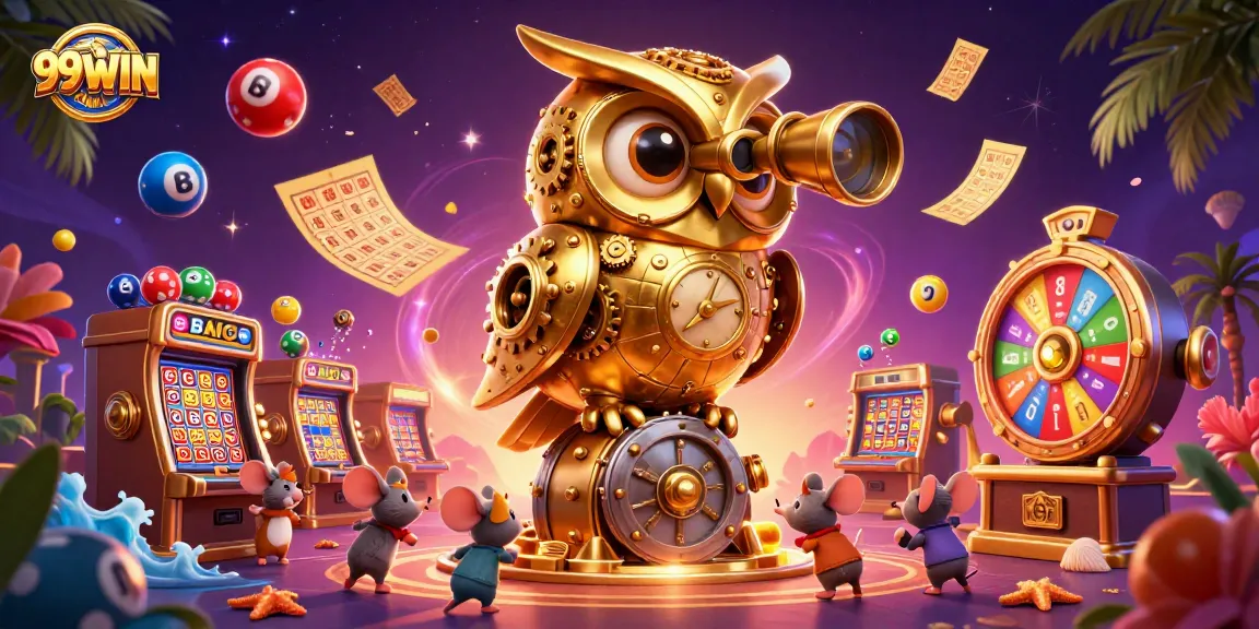 Play with 99WIN's vibrant casino experience, featuring a giant golden owl and lottery elements in an engaging 3D scene.