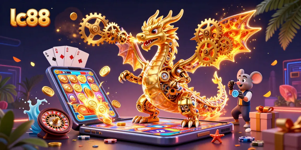Win big at lc88 with the dynamic 3D casino scene showcasing slot games and a golden dragon.