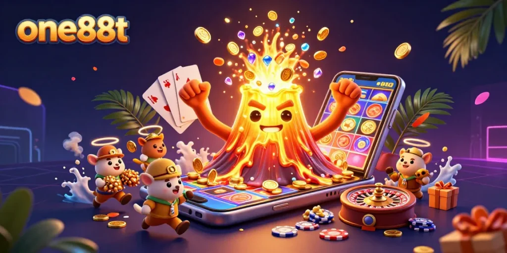 Experience the frenzy of winning at one88t with a golden volcano erupting treasures in a vibrant casino scene.