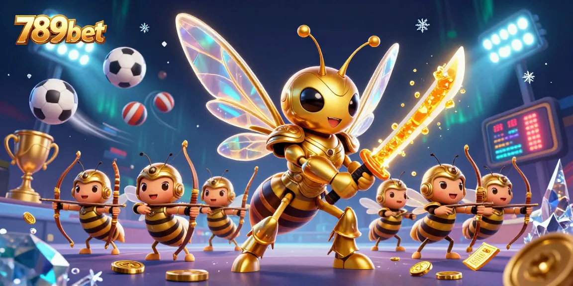 Engage 789bet players with the dynamic casino scene featuring a golden hornet warrior and sports elements.