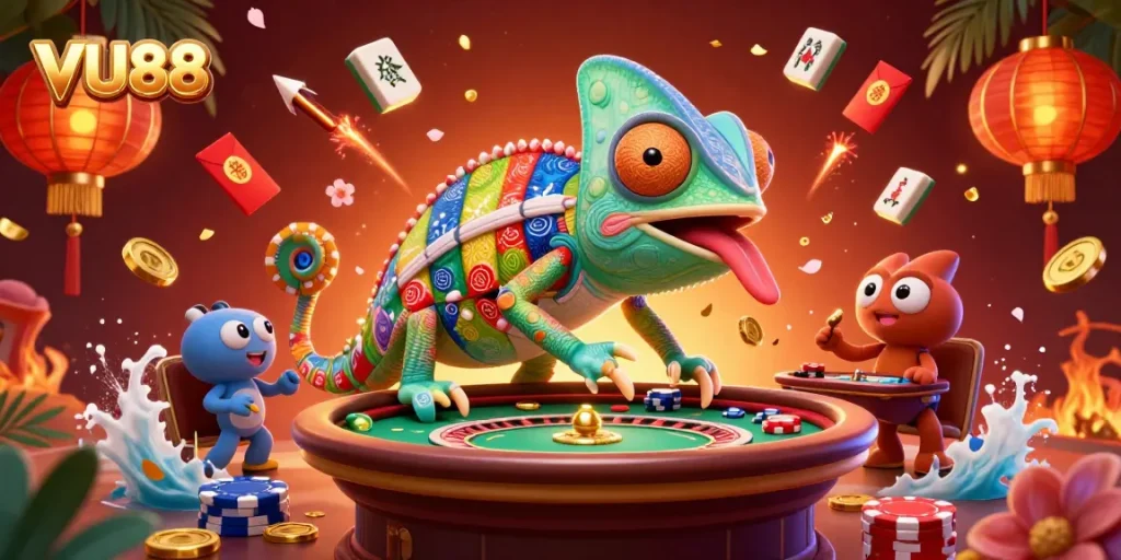 Engage with VU88 as the vibrant casino owner entertains players amidst dynamic gaming elements.