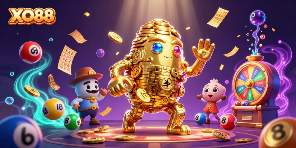 XO88 features an ancient golden golem amidst a vibrant gambling spectacle with lottery balls and prizes.
