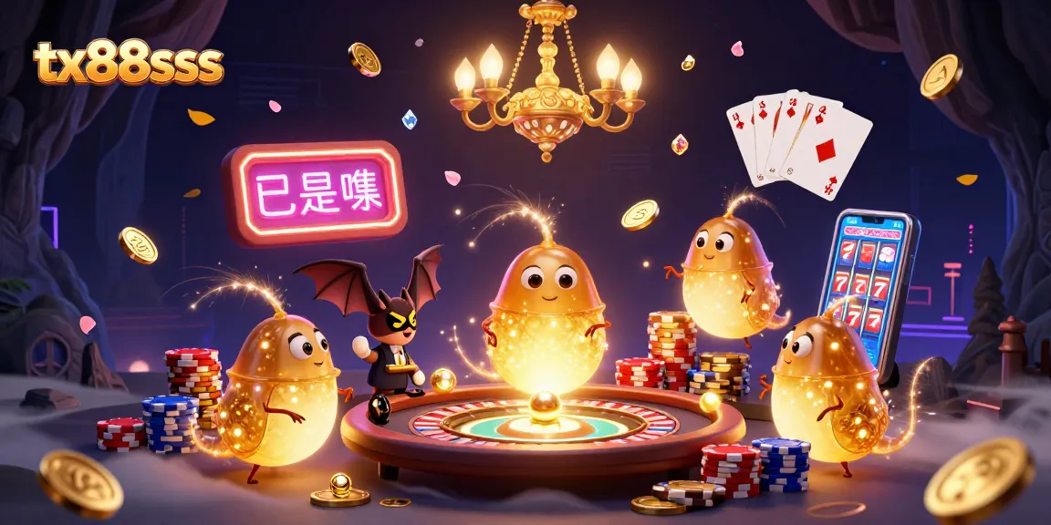 Experience thrilling wins at tx88sss with a vibrant 3D casino scene showcasing a glowing team of glowworms.