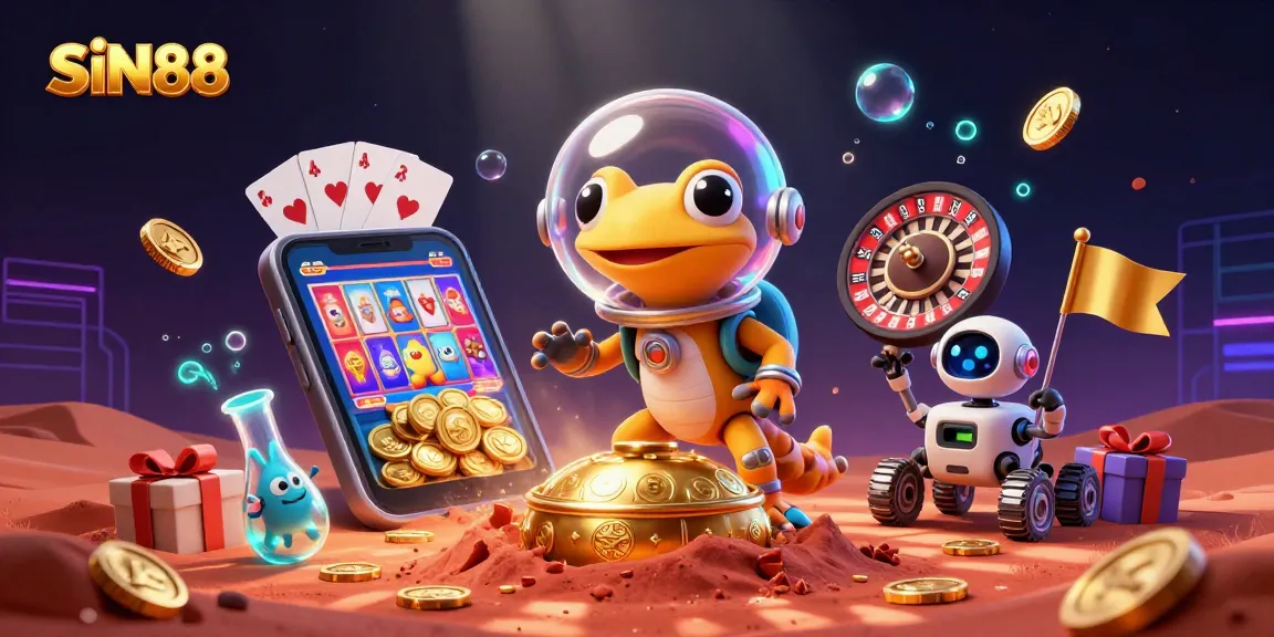 SIN88 showcases a Martian gecko exploring a golden casino, surrounded by vibrant gaming elements.