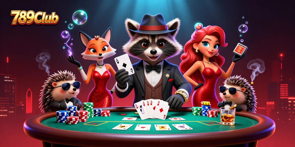 Join the excitement at 789Club, where a suave raccoon shows off a royal flush at a vibrant poker table.