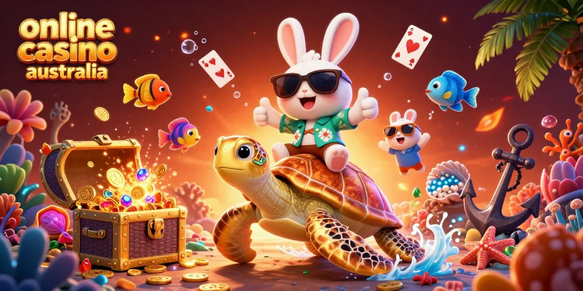 Engage with online casino Australia through vibrant 3D scene featuring lucky rabbit and sea turtle.