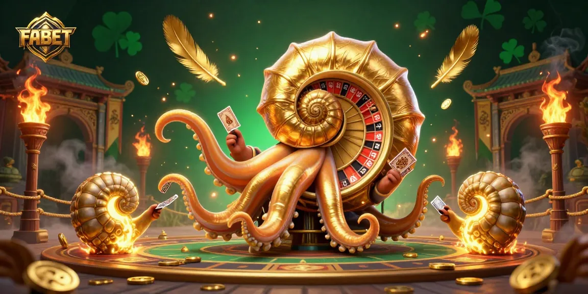 Play exciting casino games at FABET with a vibrant 3D scene featuring an ancient nautilus and golden gaming elements.