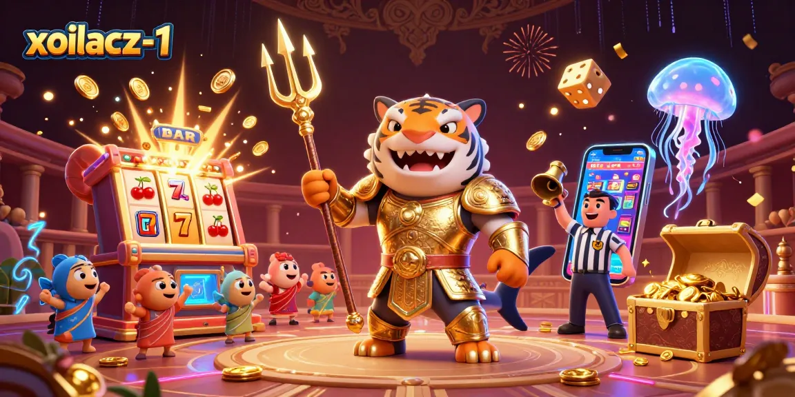 Xoilacz-1 showcases an exciting underwater casino scene with a tiger shark gladiator and vibrant gambling elements.