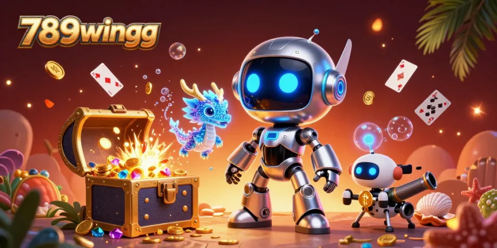 Engage in thrilling gameplay at 789wingg with a vibrant 3D casino scene showcasing unique characters and exciting elements.