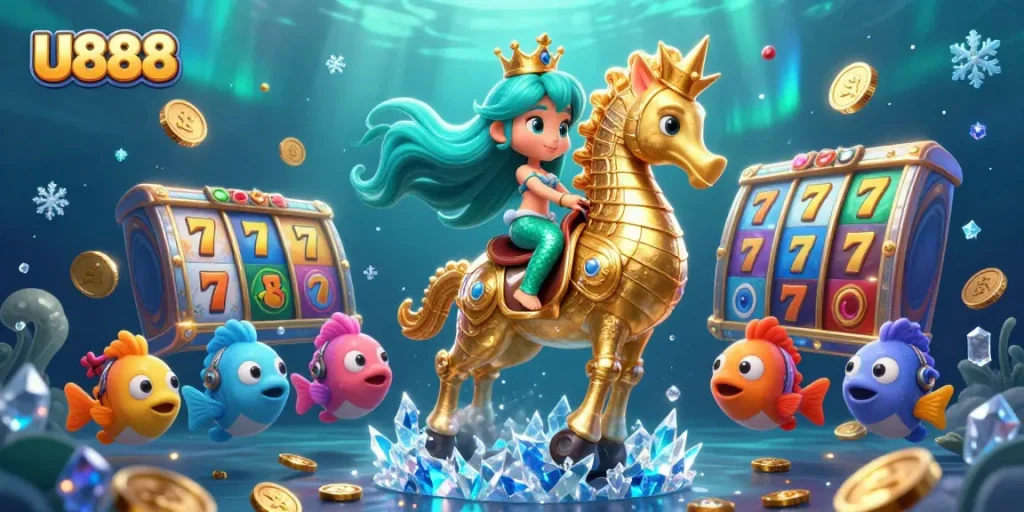 Experience the excitement of U888 through a vibrant 3D scene featuring a mermaid and gambling elements.