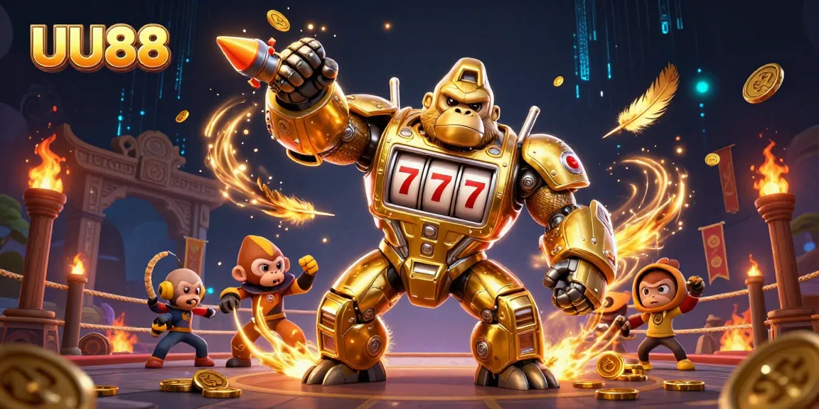 Unleash excitement at UU88 with a vibrant 3D casino scene featuring a golden gorilla mech.