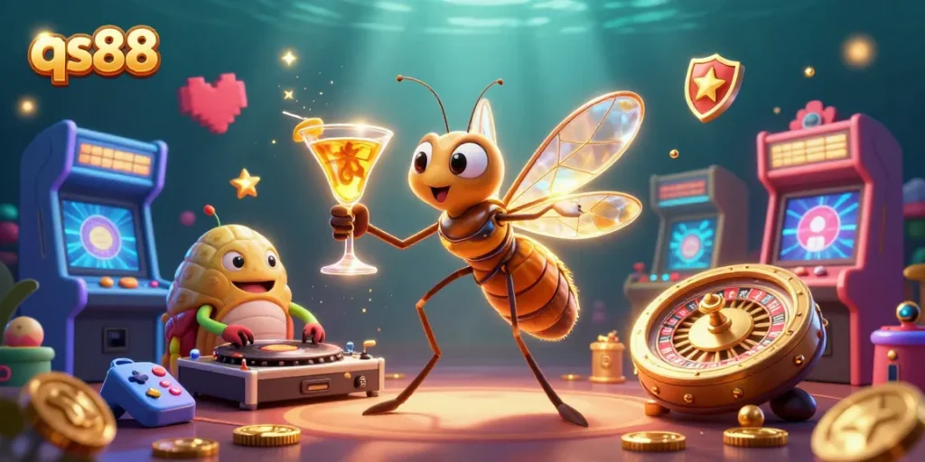 Experience thrilling gameplay at qs88 with a comical frozen mosquito mascot showcasing casino fun.