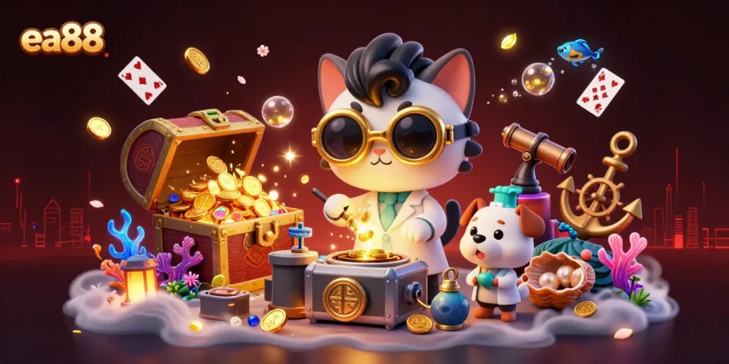 ea88 captures casino excitement with a mad scientist cat and dog in a vibrant treasure-filled underwater scene.