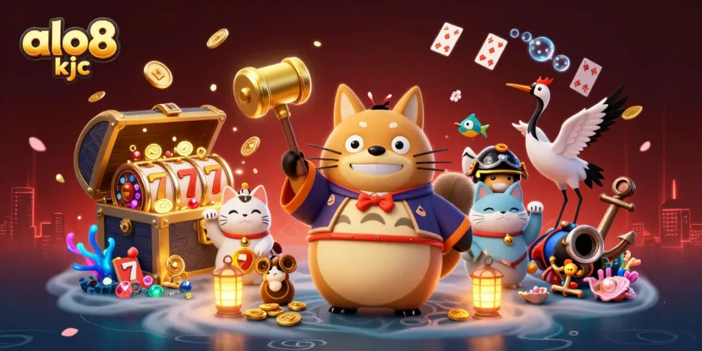 Experience the thrill of winning at ALO8 KJC with vibrant slots, cheerful characters, and rich gaming elements.