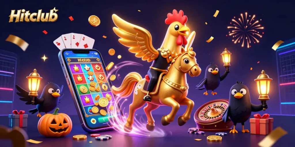 Experience thrilling gaming at Hitclub with a dynamic 3D casino scene of a golden rooster and festive elements.