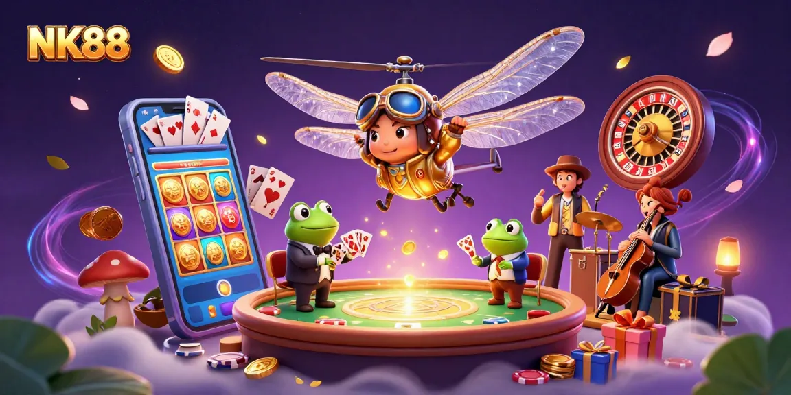 Engage with NK88's vibrant casino scene featuring a dragonfly pilot and frog croupier.