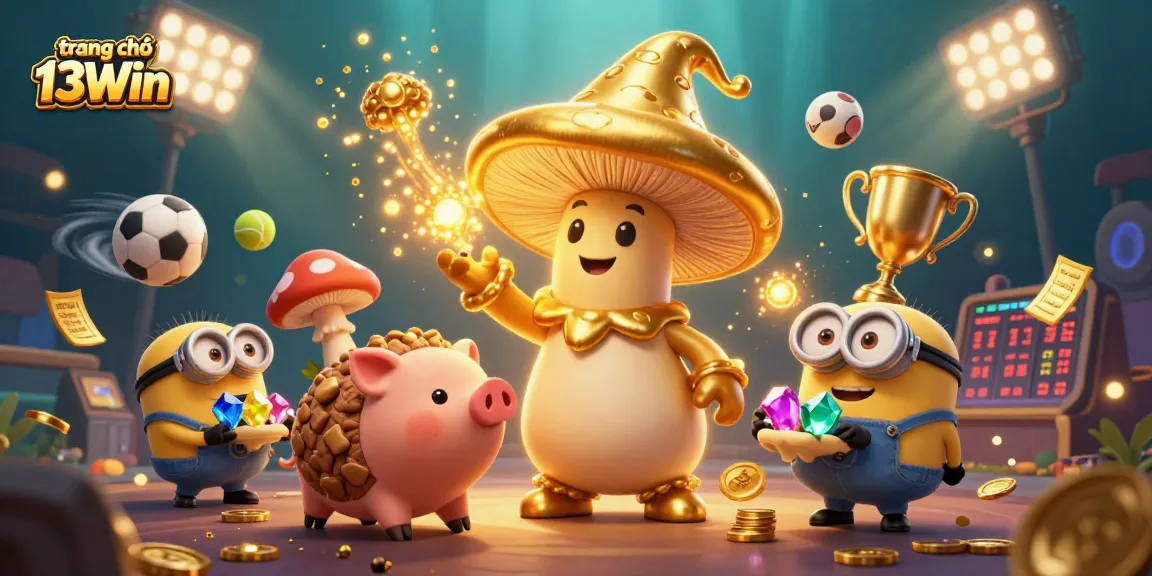 Engage with the vibrant scene on trang chủ 13Win, showcasing an enchanting mushroom wizard and treasures in a casino setting.