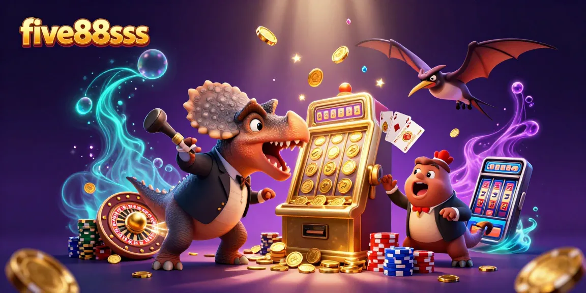 Experience the thrill of five88sss as a dinosaur headbutts a slot machine, winning jackpots with flying coins.