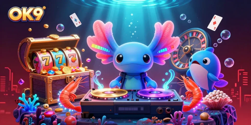 Engage with OK9's vibrant casino world, featuring a neon axolotl DJ and dynamic gaming elements.