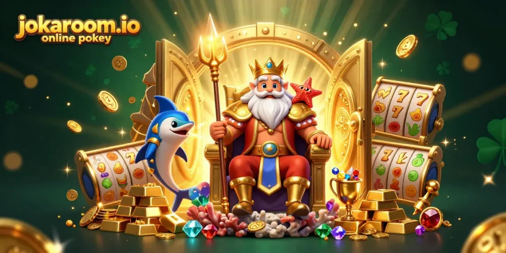 Engaging scene of jokaroom.io online pokies with Neptune, treasure, and slot elements.