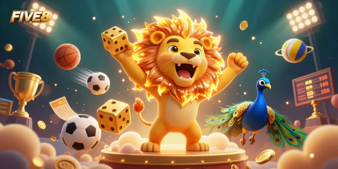 Celebrate your wins at FIVE88 with an energetic scene depicting a roaring lion amidst a vibrant casino atmosphere.