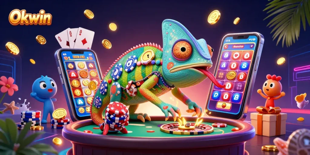 Experience thrilling gameplay with Okwin's chameleon mascot, celebrating casino adventures with vibrant slot games.