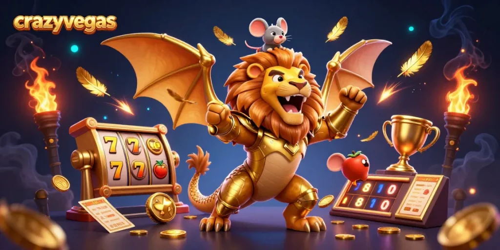 Experience thrilling online pokies action with crazyvegas; a chimera roaring triumphantly amidst slot reels, trophies, and gold coins.