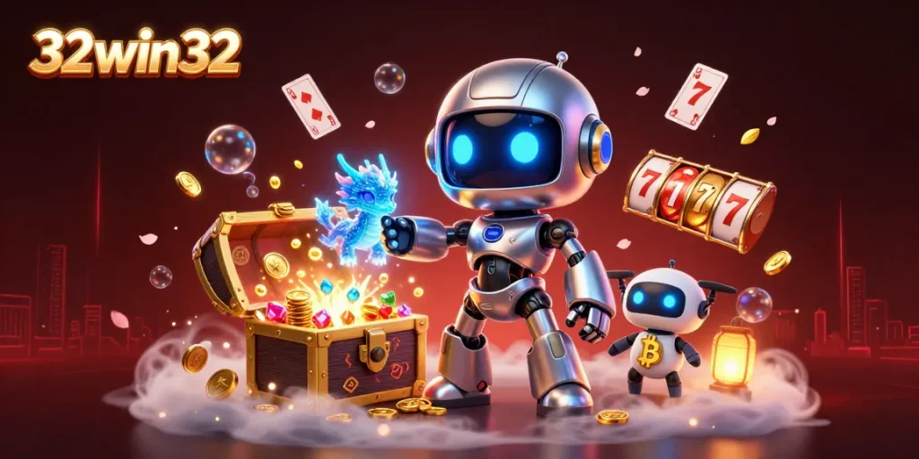 Engage with 32win32 as a cyberpunk robot mascot interacts with casino games and riches.