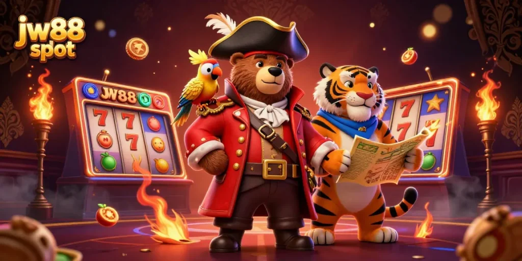 Experience thrilling adventures with jw88 slot featuring a pirate bear, fierce tiger, and golden parrot.