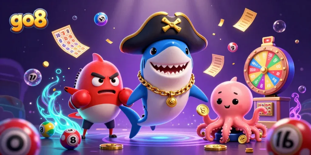 Experience the thrills at go8 with vibrant lottery elements and engaging characters in a captivating scene.