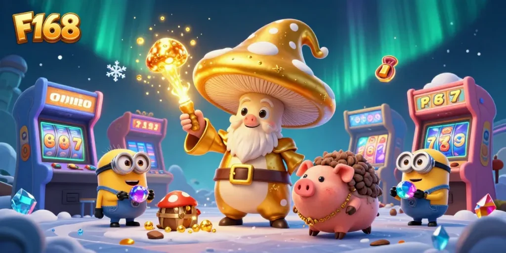 Experience thrilling gaming at F168 with a vibrant illustration featuring 3D characters and dynamic casino elements.