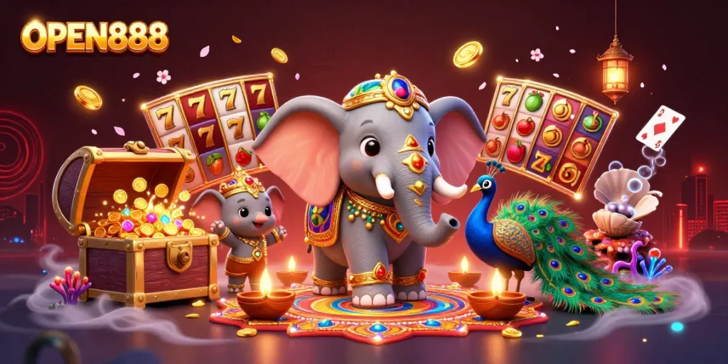 Enjoy thrilling slots action with OPEN888 featuring vibrant colorful treasures and an enticing atmosphere.