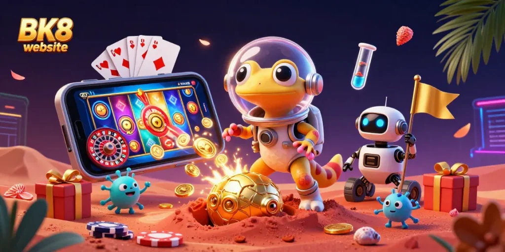 Experience excitement at the BK8 website with a vibrant 3D Martian gecko discovering a golden casino.