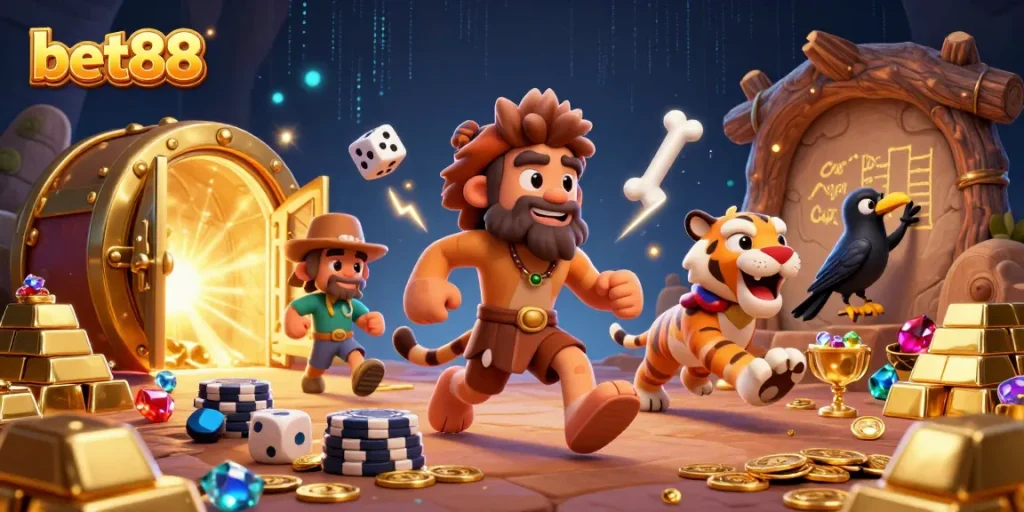Experience winning moments at bet88 with a dynamic prehistoric casino scene full of treasure.