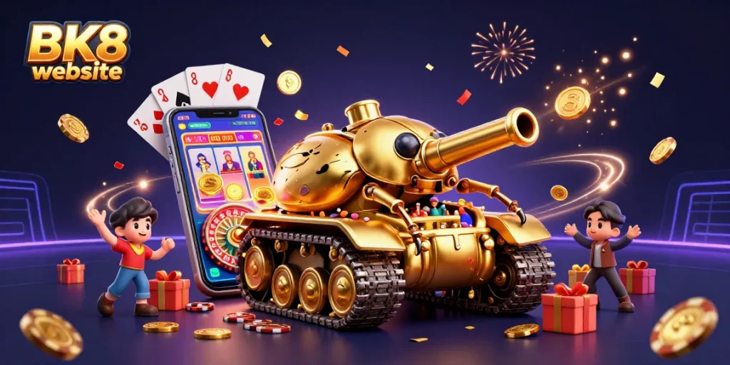 Experience the excitement of the BK8 website with vibrant casino elements in a dynamic 3D scene.