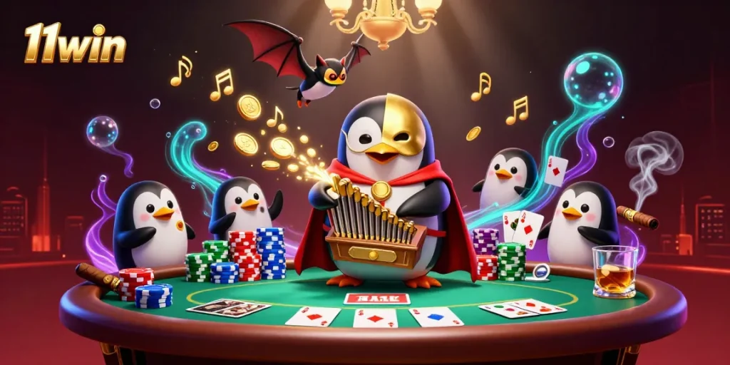 Experience excitement at 11win with a vibrant casino scene featuring a penguin in action.