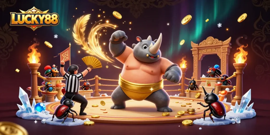 LUCKY88 sumo beetle champion stomps coins in an epic casino arena.