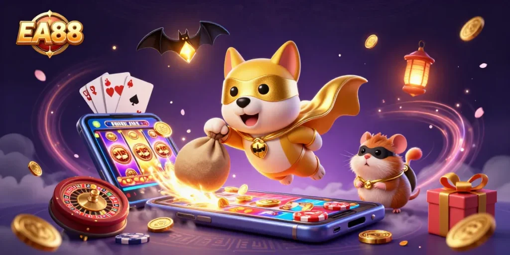EA88 promotes strategic wins with its vibrant 3D casino illustration showcasing engaging gaming elements.