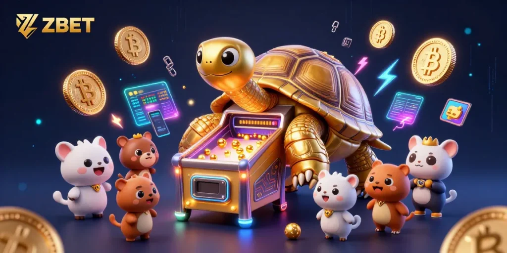 ZBET enthralls with a colossal golden tortoise pinball machine surrounded by vibrant crypto elements.