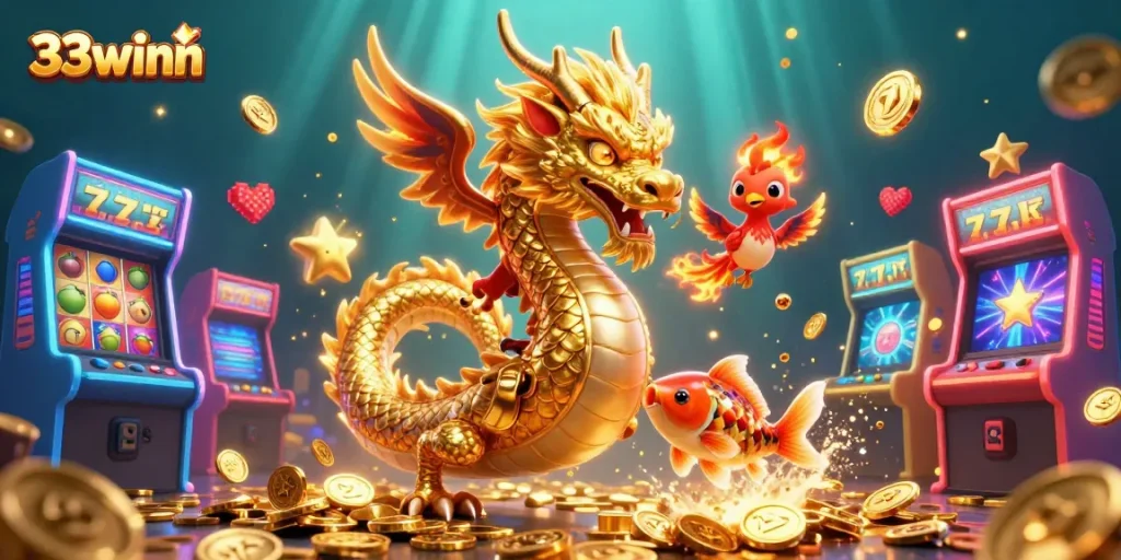 Experience thrilling action with 33winn's vibrant dragon and phoenix in an engaging casino scene.