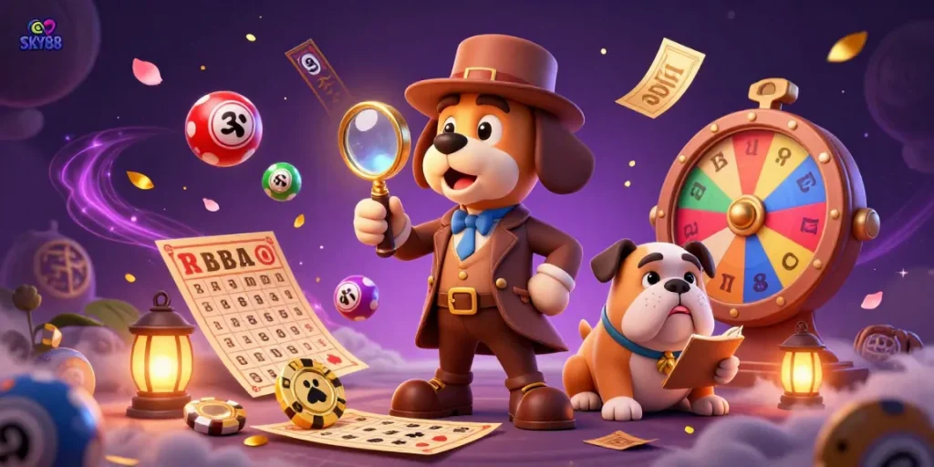 Experience the excitement of SKY88 with a detective-themed casino adventure featuring golden poker chips and vibrant lottery balls.