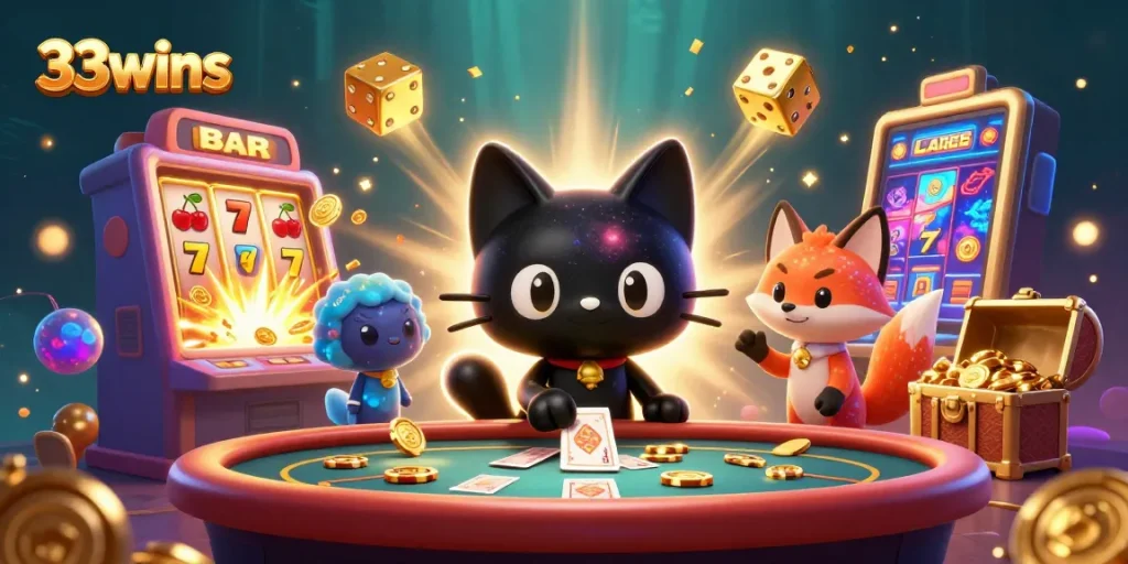 33wins showcases an energetic cosmic scene with a cartoon cat and fox at a vibrant casino table.