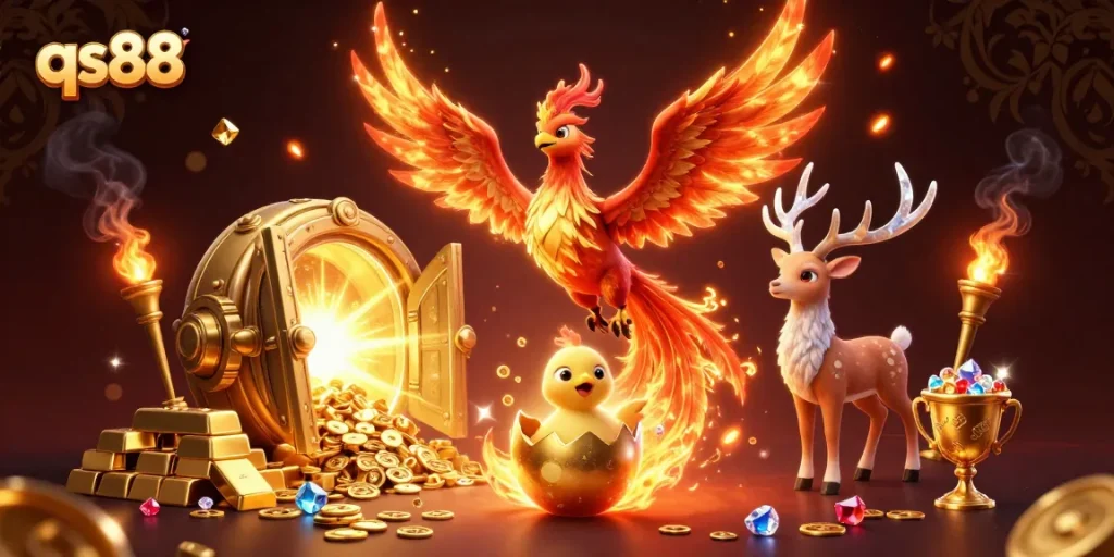 Experience the thrilling moments at qs88 with a phoenix rising amidst vibrant treasures and excitement!