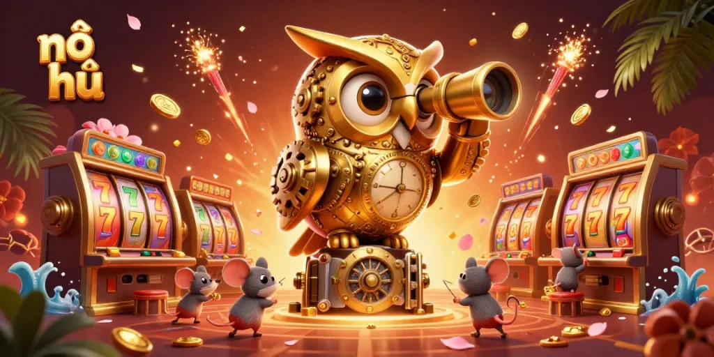 Spin the nổ hũ slots with a golden owl scanning for jackpot wins in a vibrant casino scene.