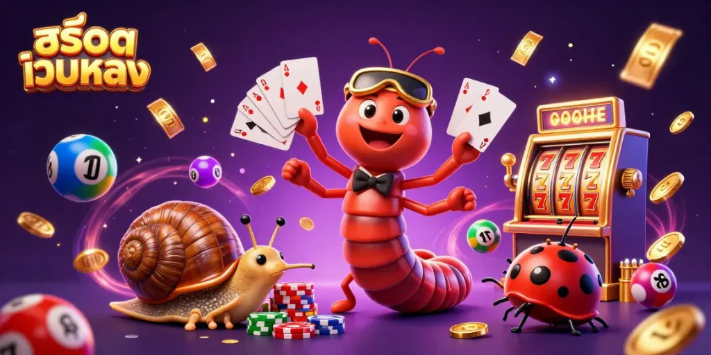 Engage in exciting gameplay with สล็อตเว็บตรง featuring vibrant characters like a millipede dealer and colorful lottery balls.