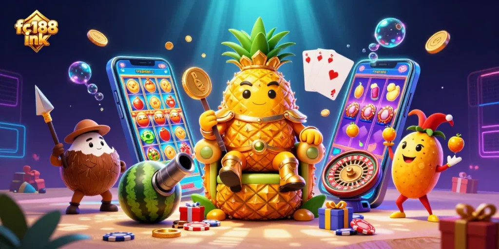 Engage with the vibrant world of fc188 ink featuring a golden pineapple king and dynamic casino elements.