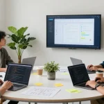 Team building internal tools with AI in a modern workspace, showcasing collaboration and technology.