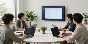 Team building internal tools with AI in a modern workspace, showcasing collaboration and technology.